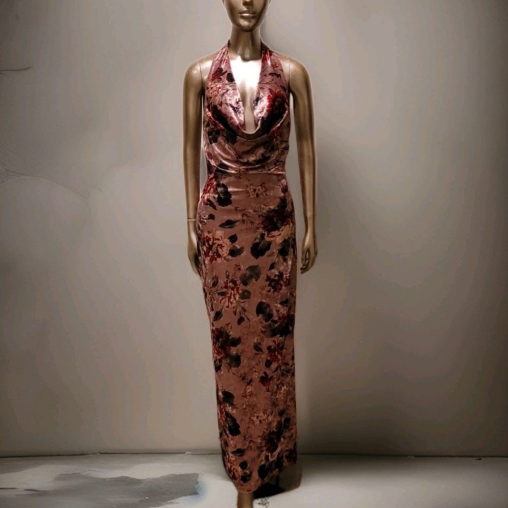 NWT Elegant Blush Floral Velvet Draped Neck Bodycon Day Maxi Dress Sz M - Picture 6 of 16